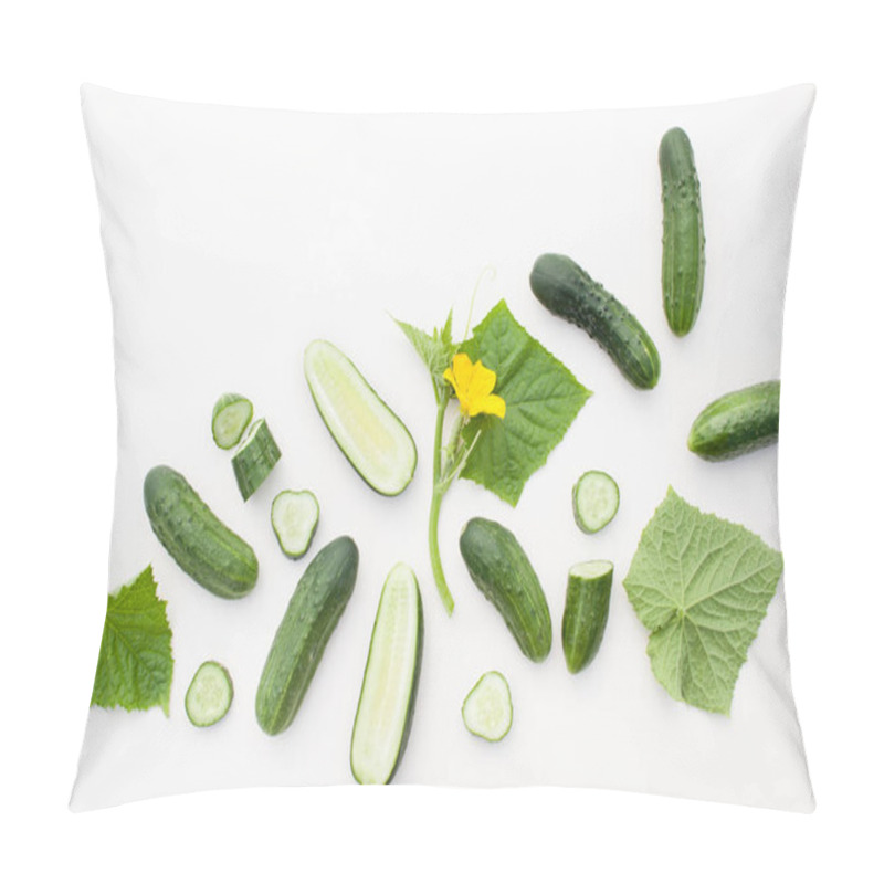 Personality  Young Cucumbers With A Sprig On A White Background . Growing Cucumbers. Background Image. Pillow Covers