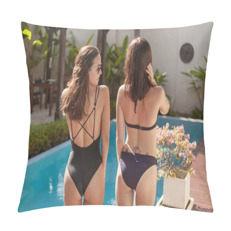 Personality  Rear View Of Beautiful Young Women In Bikini And Swimsuit At Poolside Pillow Covers