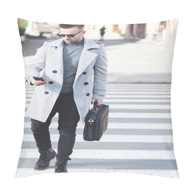 Personality  Modern Dressed Businessman Early Morning Rush Across Street While Looking At Cellphone And Carrying Laptop. The Concept Of A Busy Life Today Full Of Technology Pillow Covers