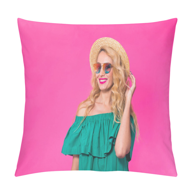 Personality  Fashion Studio Portrait Of Glamour Girl, Stylish Clothes Sunglasses On Pink Background With Copyspace Pillow Covers