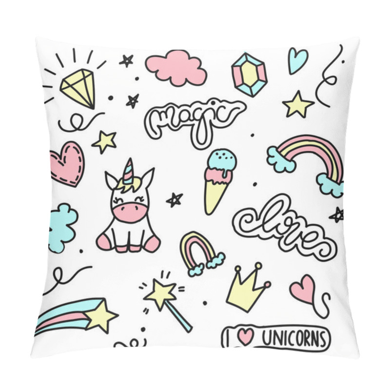 Personality  Unicorn And Magic Doodles. Cute Unicorn And Pony Collection With Magic Items. Hand Drawn Line Style. Vector Doodles Illustrations.  Pillow Covers