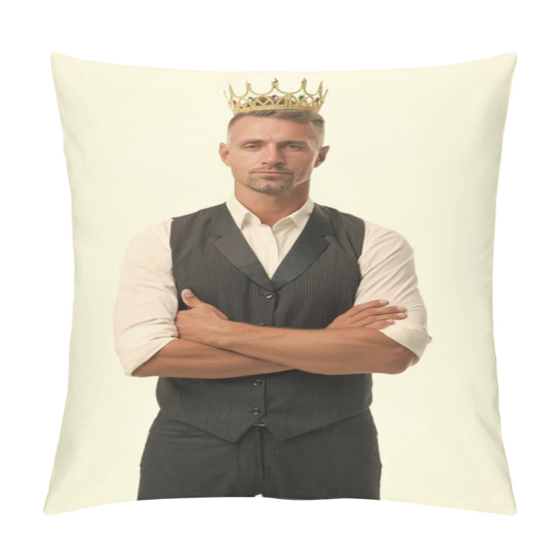 Personality  Ambitious And Successful. Big Boss Isolated On White. Handsome Man Wear Crown. Successful Businessman Or Director. Big Boss Or Ceo. Glory And Triumph. Success In Business. Im Big Boss Here Pillow Covers