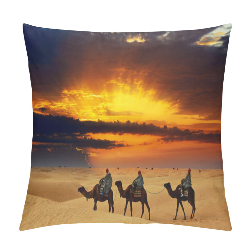 Personality  Camel Caravan Going Through Desert At Sunset Pillow Covers