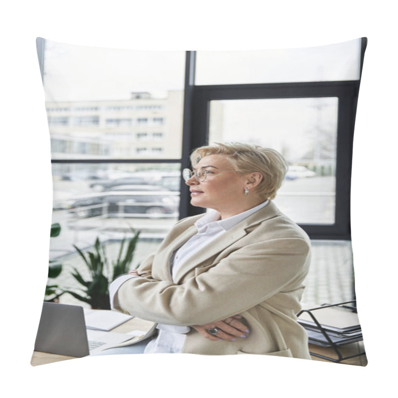 Personality  An Adult Woman In Chic Attire Stands Confidently, Contemplating Her Next Move In A Bright Office. Pillow Covers