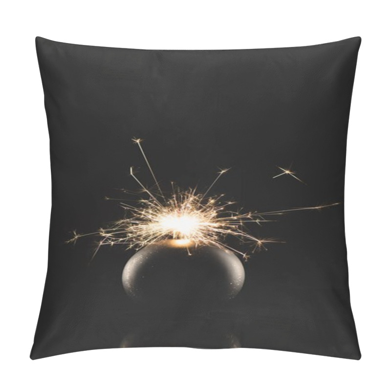 Personality  Close Up View Of Burning Sparklers In Christmas Toy Isolated On Black Pillow Covers