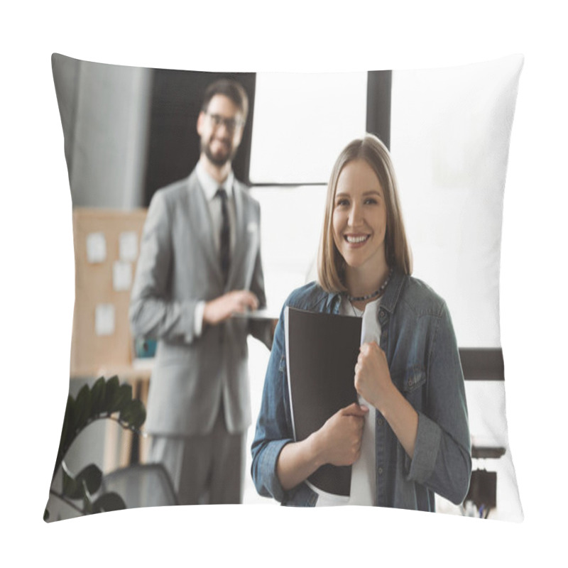 Personality  Cheerful Woman With Resume Showing Yes Gesture Near Blurred Businessman In Office  Pillow Covers