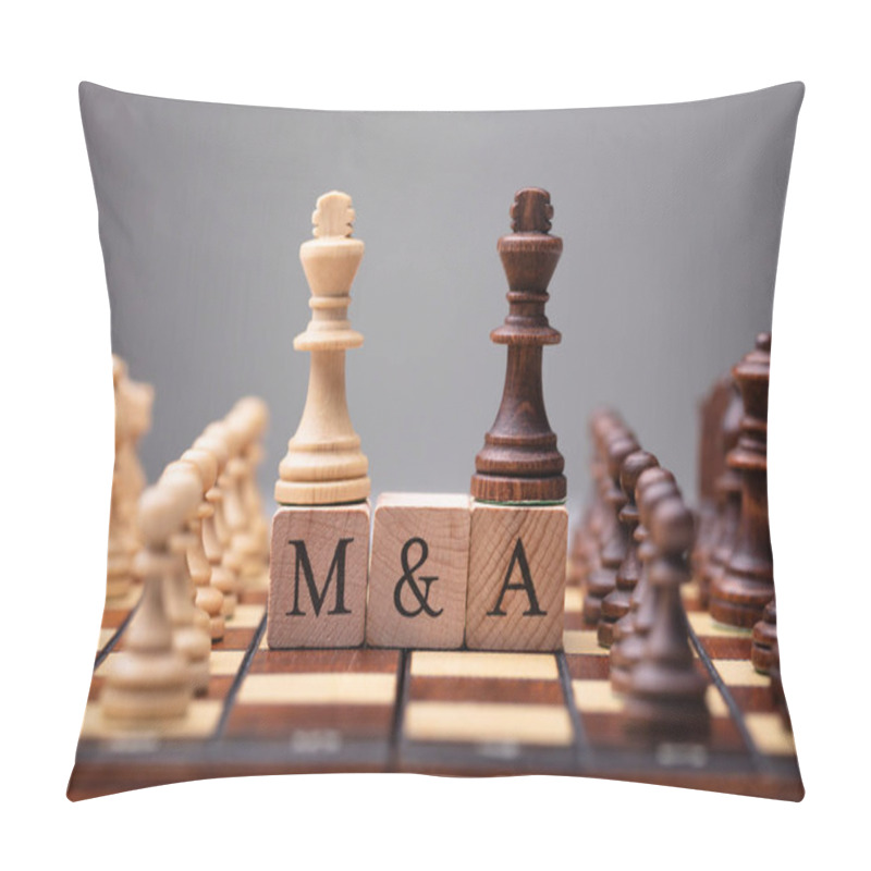 Personality  Close-up Of King Chess Pieces On Wooden Blocks With Mergers And Acquisitions Pillow Covers