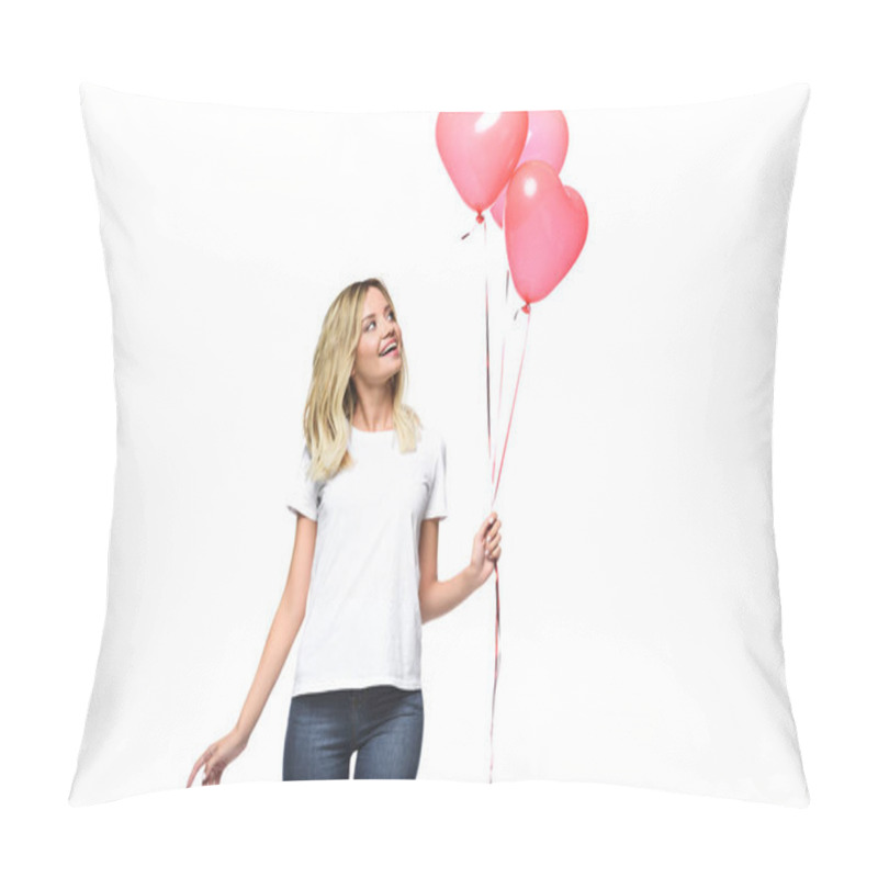 Personality  Beautiful Girl Looking At Bundle Of Heart Shaped Balloons Isolated On White Pillow Covers