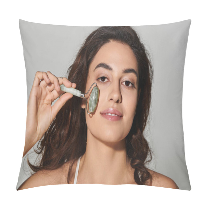 Personality  Woman Enjoys Skincare By Using A Jade Roller On Her Face, Enhancing Her Beauty Routine At Home. Pillow Covers