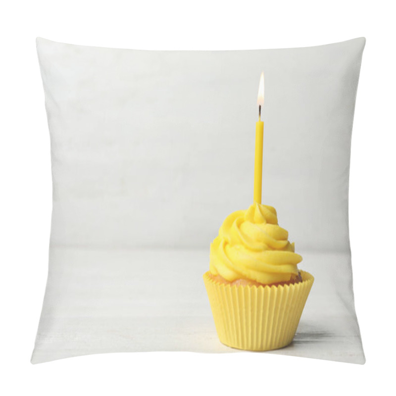 Personality  Delicious Birthday Cupcake With Cream And Burning Candle On White Wooden Table. Space For Text Pillow Covers