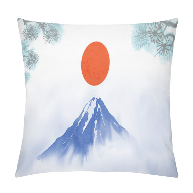 Personality  Sumi-e Painting Of A Blue Mount Fuji With A Red Sun Rising, Framed By Pine Branches Pillow Covers