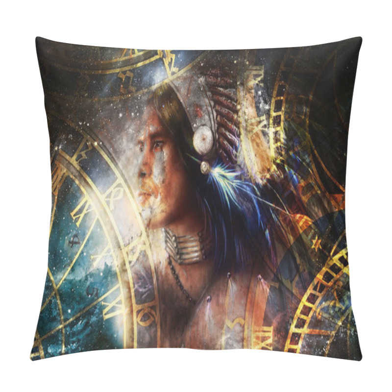 Personality  Indian Warrior Wearing A Gorgeous Feather Headdress. Indian Spirit And Time Concept With Zodiac. Cosmic Background. Profile Portrait Pillow Covers