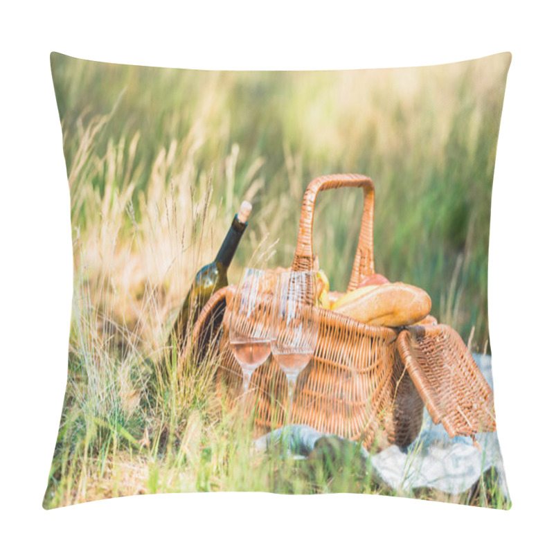 Personality  Wine Bottle, Basket With Loaves On Green Grass At Picnic Pillow Covers