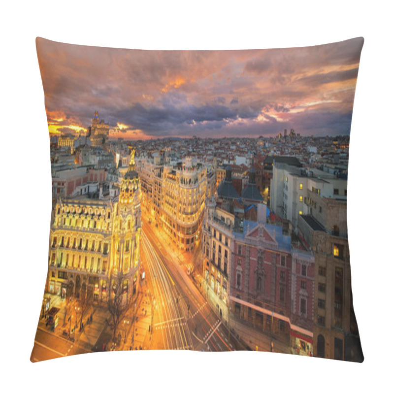 Personality  Panorama Top View Of Gran Via, Main Shopping Street In Madrid From Roof Top Bar, Capital Of Spain, Europe. Pillow Covers