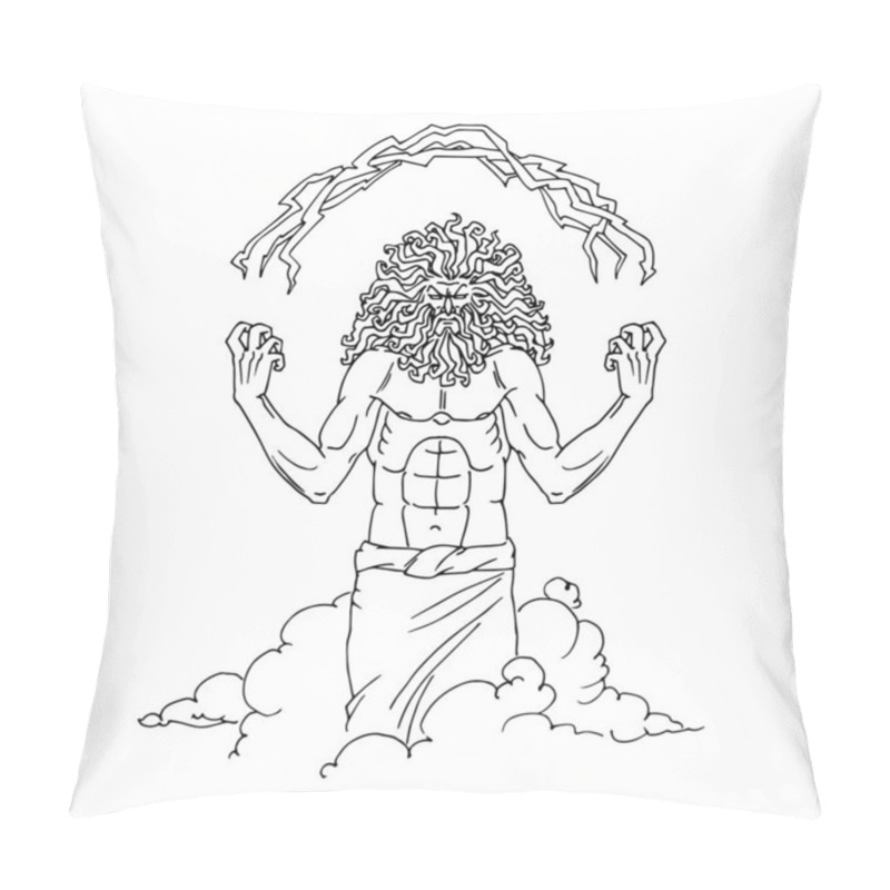 Personality  The Main Ancient Greek God Is Zeus. The Lord Of Thunder And Lightning. Vector Illustration With Contour Lines In Black Ink Isolated On A White Background In Cartoon And Hand-drawn Style. Pillow Covers