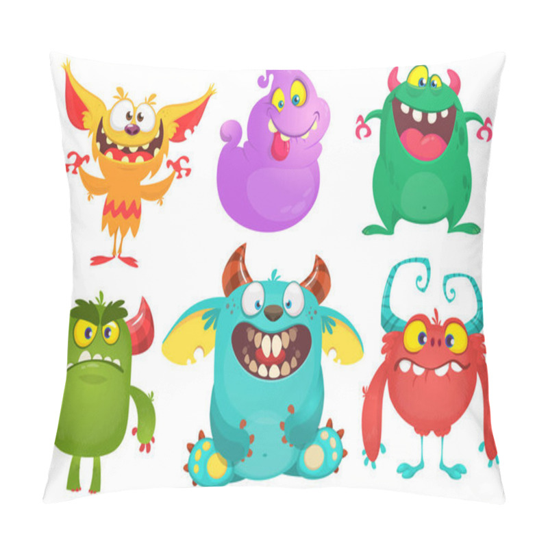 Personality  Cartoon Monsters Collection. Vector Set Of Cartoon Monsters Isolated. Design For Print, Party Decoration, T-shirt, Illustration, Logo, Emblem Or Sticker Pillow Covers