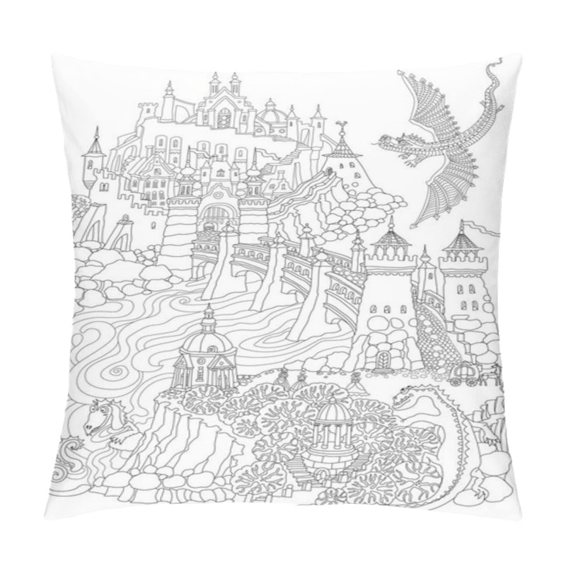 Personality  Fairy Tale Castle On A Hill, Fantasy Aerostat, River, Stone Arch Bridge And Funny Flying And Swimming Dragons. Hildren And Adults Oloring Book Page Pillow Covers