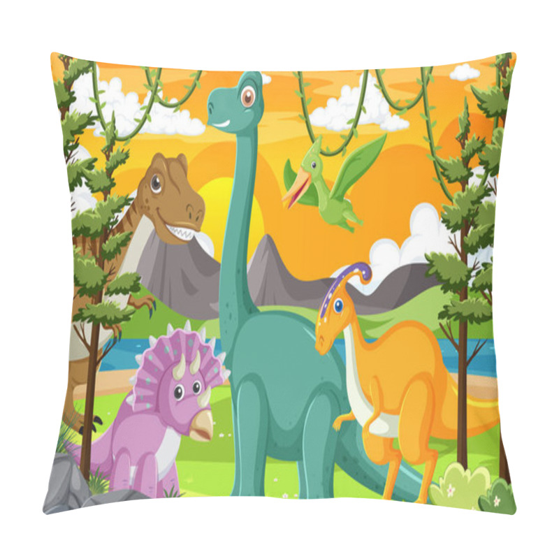 Personality  Cute Dinosaur Group In Forest Illustration Pillow Covers