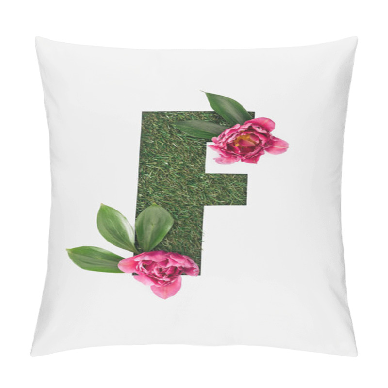 Personality  Top View Of Cut Out F Letter On Green Grass Background With Leaves And Pink Peonies Isolated On White Pillow Covers