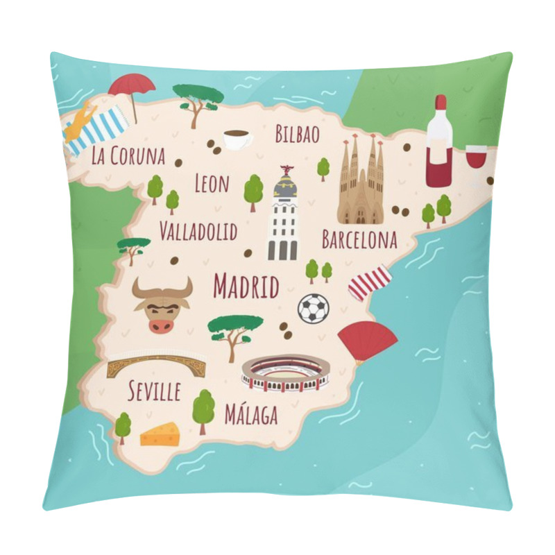 Personality  Cartoon Map Of Spain. Travel Illustration With Spanish Landmarks, Buildings, Food And Plants. Funny Tourist Infographics. National Symbols. Famous Attractions. Vector Illustration Pillow Covers