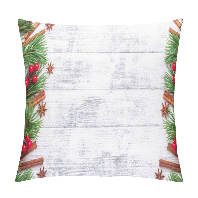 Personality  Christmas Background With Fir Tree, Spice And Red Holly On Woodeen Table. Horizontal Banner. Top View Copy Space Pillow Covers