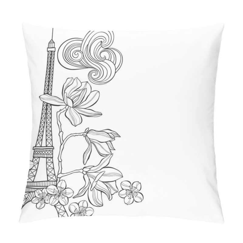 Personality  Hand Drawn Eiffel Tower, Magnolia And Sakura On White Background Pillow Covers