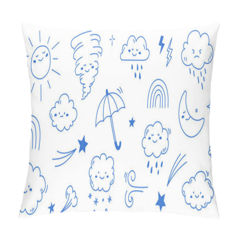 Personality  Cloud Rain Weather Cartoon Cute Set. Cloud, Sun, Moon Weather Character With Smile And Angry Face. Hand Drawn Doodle Sketch Style. Rainbow, Wind, Tornado Doodle Character. Vector Illustration. Pillow Covers