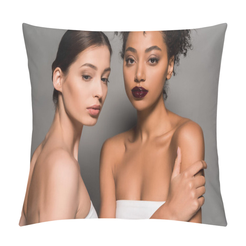 Personality  Portrait Of Beautiful Multicultural Women With Perfect Skin, On Grey Pillow Covers