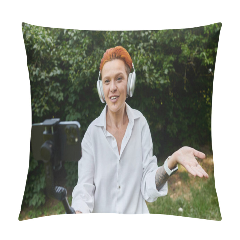 Personality  A Woman In A White Shirt Records A Video With A Smartphone While Wearing Headphones. Pillow Covers