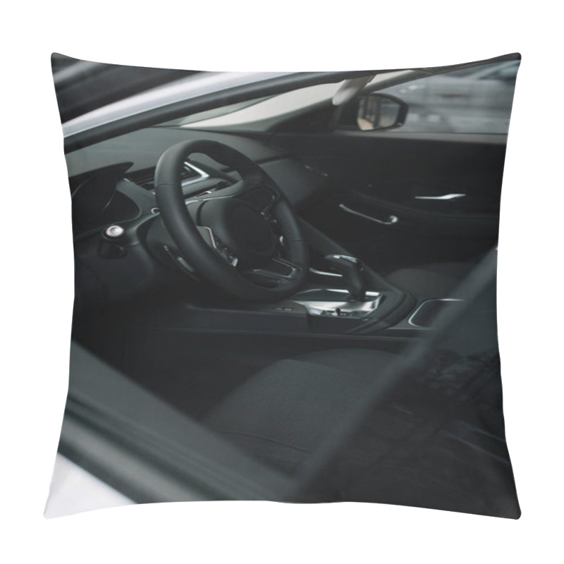 Personality  Selective Focus Of Black Steering Wheel Near Gear Shift Handle In Luxury Car  Pillow Covers