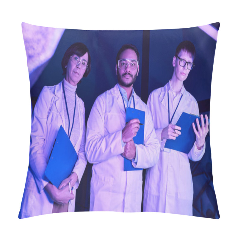 Personality  Futuristic Observation: Three Scientists Examine Newly Created Device In Neon-Lit Science Center Pillow Covers