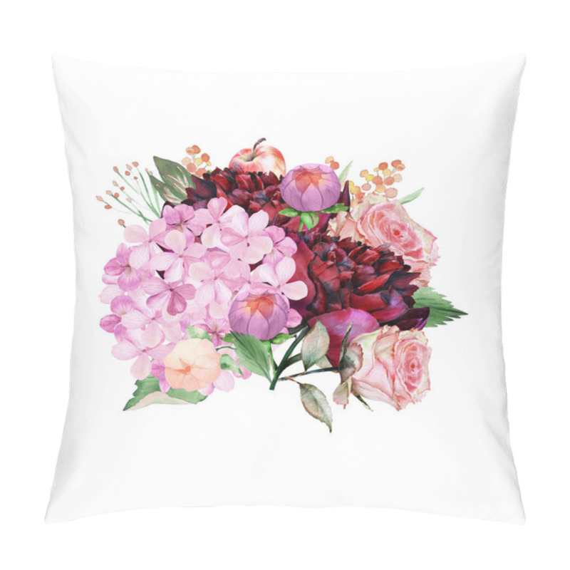 Personality  Watercolor Burgundy And Blush Floral  Bouquet With Hydrangea, Dahlia, Apples. Could Be Used For Wedding Invites, Engagement Cards And Other Romantic Events. Pillow Covers