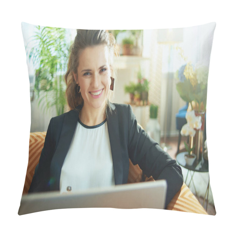 Personality  Happy Modern Female In White Blouse And Black Jacket At Modern Home In Sunny Day Using Website On A Laptop While Sitting On Sofa. Pillow Covers