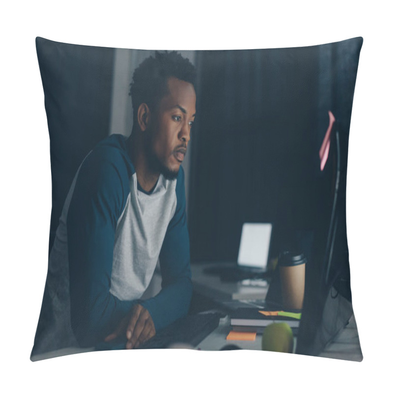 Personality  Thoughtful African American Programmer Working At Night In Office Pillow Covers