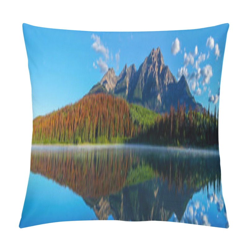 Personality  Panorama Of Patricia Lake In Jasper National Park With Pyramid Mountain In The Background, Thin Fog On The Lake Surface And Calm Scenic Reflections. Pillow Covers