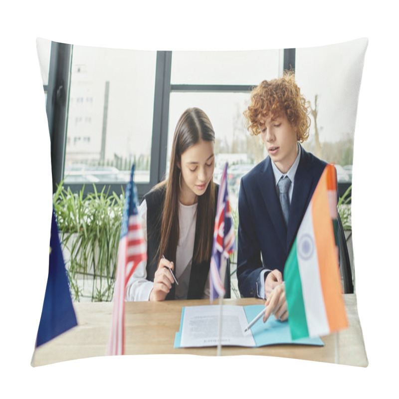 Personality  Two Teenagers Participate In A Model UN Simulation, Representing Different Countries. Pillow Covers