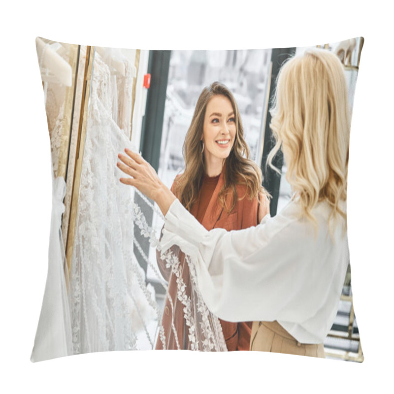 Personality  A Young Woman Gazes At A Wedding Dress Hanging On A Rack, With Her Mother By Her Side, Shopping For Her Upcoming Wedding. Pillow Covers