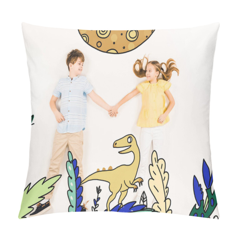 Personality  Top View Of Cheerful Kids Holding Hands Near Dinosaur On White  Pillow Covers