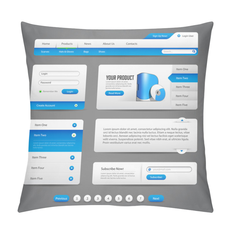 Personality  Web UI Controls Elements Gray And Blue 1: Navigation Bar, Buttons, Slider, Message Box, Pagination, Menu, Accordion, Tabs, Login Form, Search, Subscribe, Menu Pillow Covers