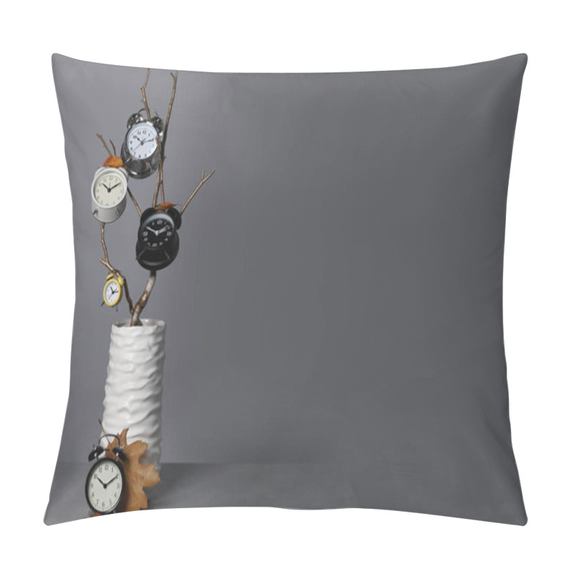 Personality  Vase With Alarm Clocks, Branch And Dry Leaves On Light Grey Background, Space For Text Pillow Covers