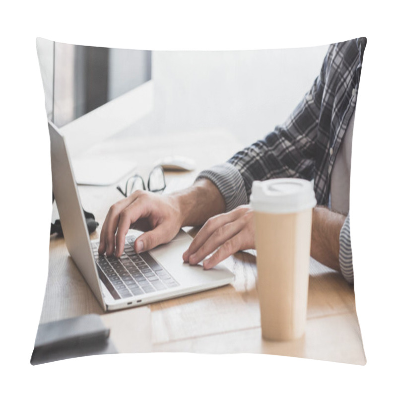 Personality  Close-up Partial View Of Young Man Using Laptop At Workplace  Pillow Covers