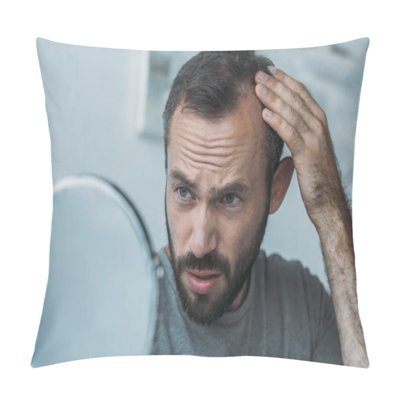 Personality  Upset Middle Aged Man With Alopecia Looking At Mirror, Hair Loss Concept  Pillow Covers