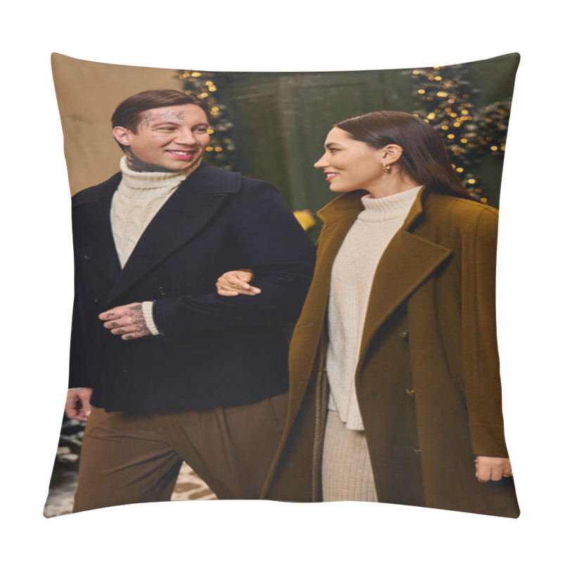 Personality  A Young Couple Enjoys Their Time Together, Smiling And Walking In A Beautifully Decorated Area. Pillow Covers