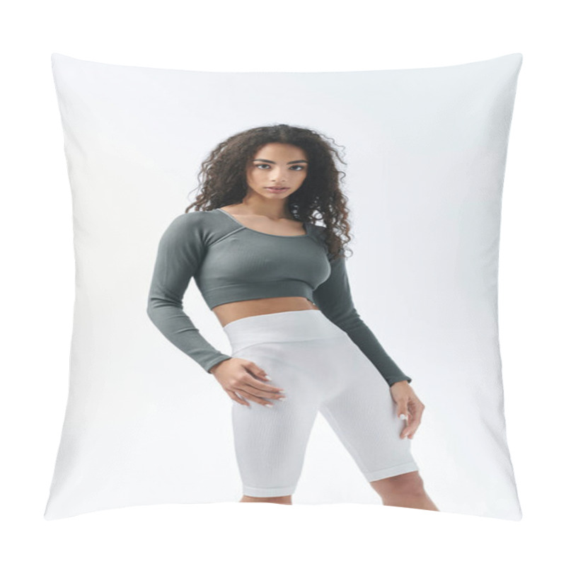 Personality  A Young Woman In White Shorts And A Dark Green Top Poses Against A Gray Background. Pillow Covers