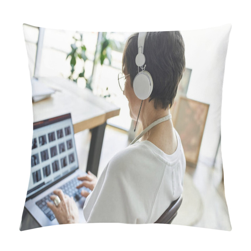 Personality  A Woman With Headphones Discovers Art Inspiration At Her Creative Workspace. Pillow Covers