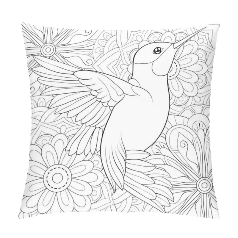 Personality  A Cute Flying Hummingbird On The Abstract Floral Background With Ornaments Image For Relaxing.A Coloring Book,page For Adults.Zen Art Style Illustration For Print.Poster Design. Pillow Covers