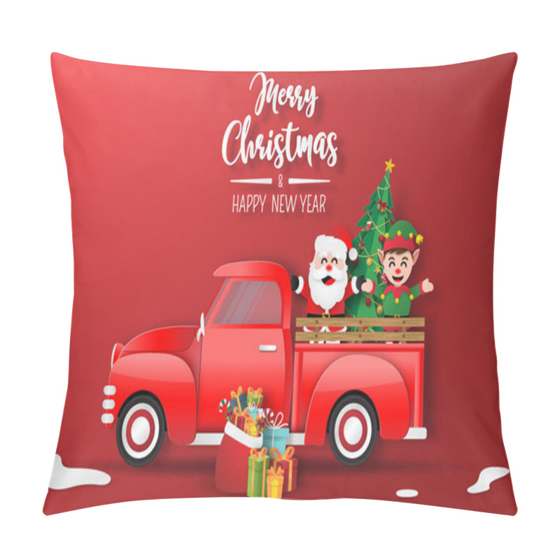 Personality  Origami Paper Art Of Christmas Red Truck With Santa Claus And Elf, Merry Christmas And Happy New Year Pillow Covers