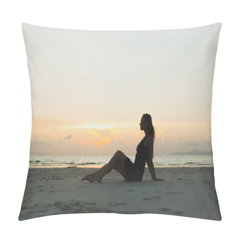 Personality  Silhouette Of Woman Sitting On Ocean Sandy Beach During Sunset Pillow Covers