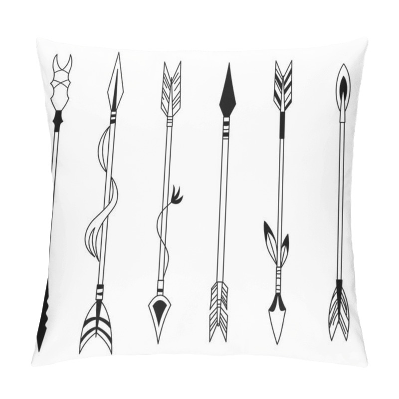 Personality  Hand Drawn Feather Arrow, Tribal Feathers On Pointer And Decorative Boho Bow, Feather Indian Arrowhead. Native Aztec Or Hipster Tattoo Sketch Isolated Vector Symbols Set. Pillow Covers