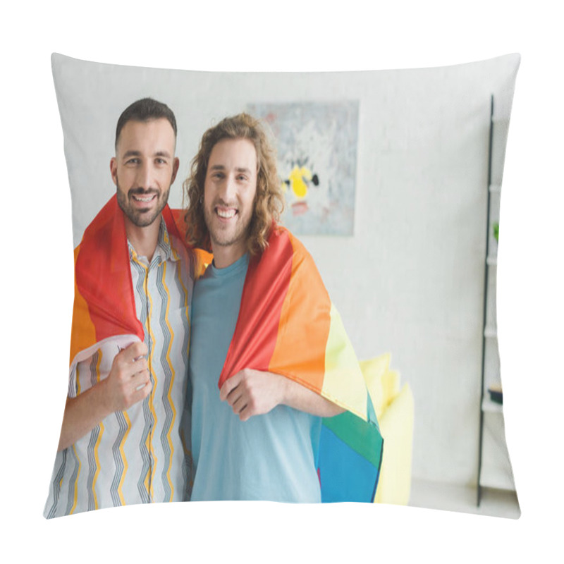 Personality  Happy Homosexual Men Holding Lgbt Flag And Looking At Camera  Pillow Covers